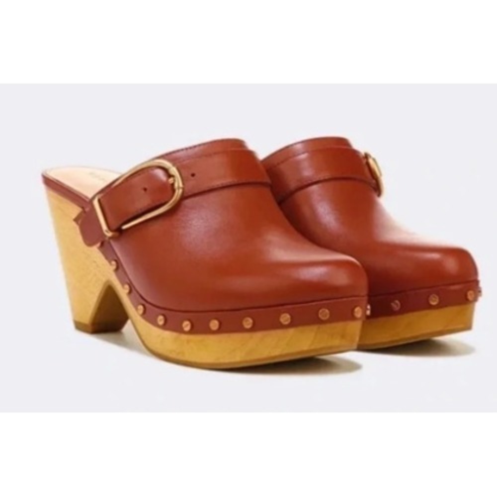 Veronica Beard Hendrix Clog Brown Leather Wooden Platform Clog Mules Size 8.5M